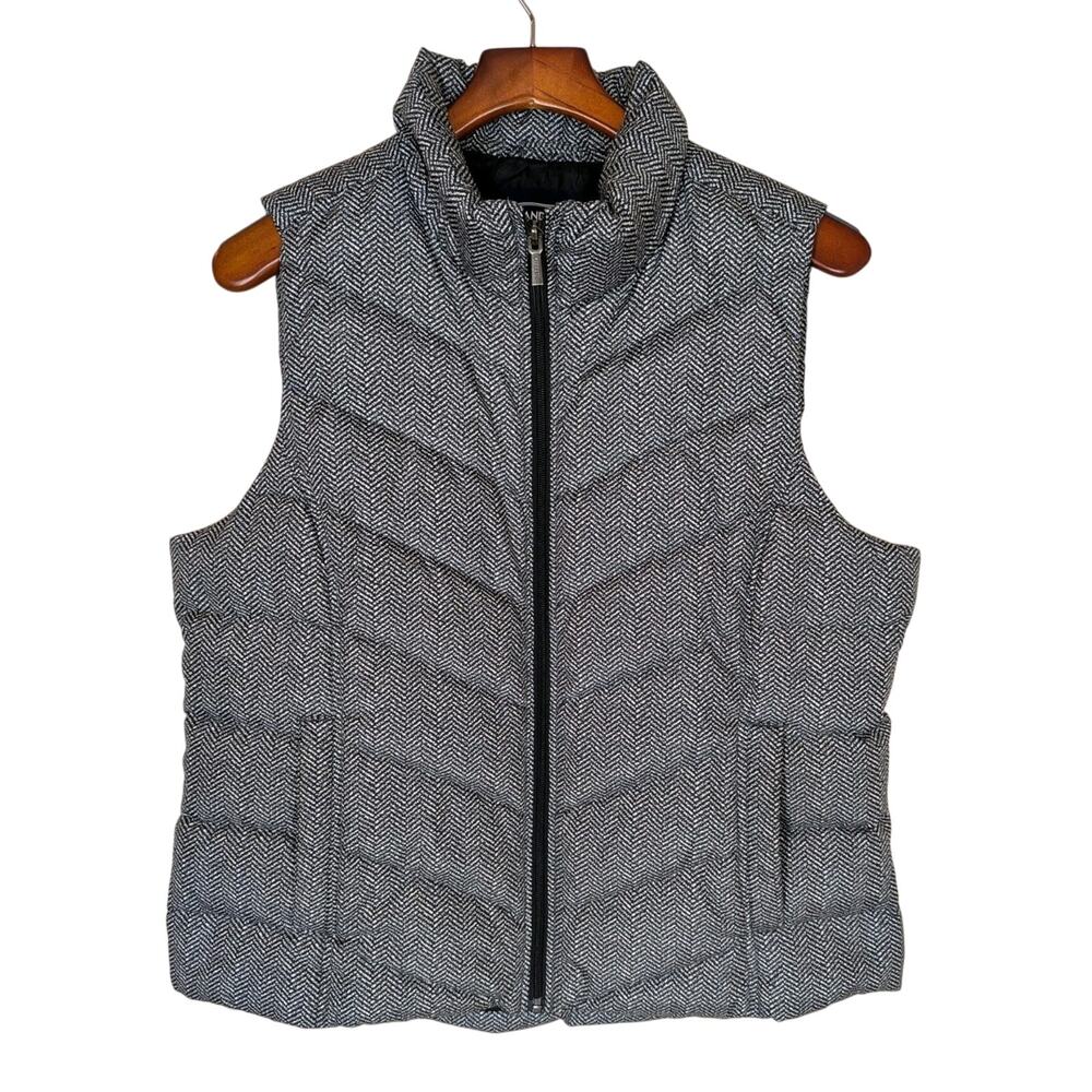 Lands End Womens Large 14-16 Down Filled Puffer Vest Black White Houndstooth EUC